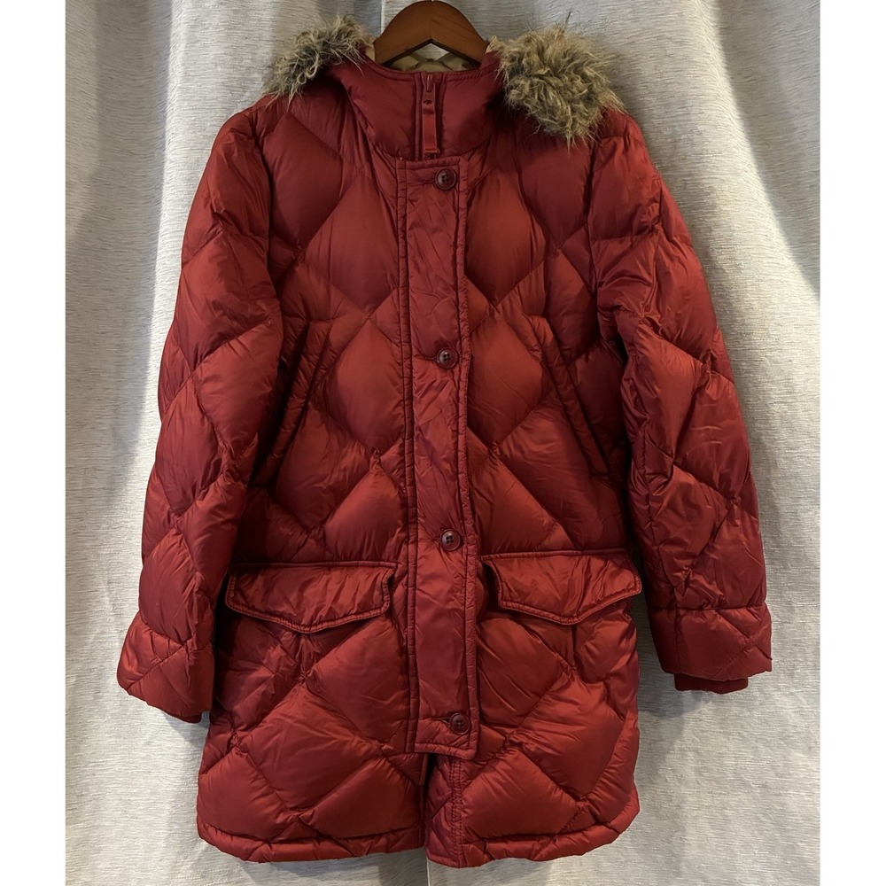 Abercrombie Fitch Jacket Womens Small Red Quilted Faux Fur Hood Parka Gorpcore